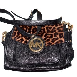 Michael Kors Black Leather Crossbody with Leopard Accent